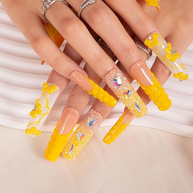 LOVFUL Press on Nails Yummy| Handmade with Full Covered Crystals| Reusable Fake Nails| Square Mid length 1.7in| H131-L