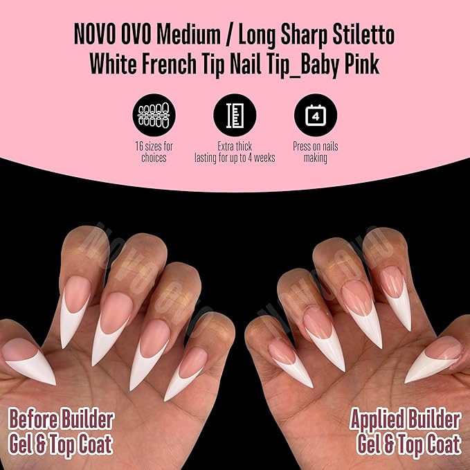 NOVO OVO White French Tip Sharp Stiletto Pointed Medium Long Nail Tips Press on Baby Pink, Soft Gel Fake Acrylic Extension, Full Cover False Nails for Salon DIY x 16 Sizes 160 pcs