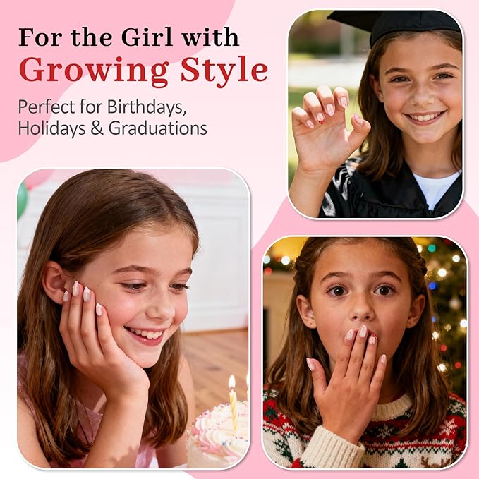 16 Sizes Press on Nails Kit for Kids - 32 Pieces French Almond Fake Nail Tips for Girls 8-12 Years Old with Jelly Nail Adhesives & No-Lamp Nail Glue, Birthday Christmas Gifts(Rose Pink French)