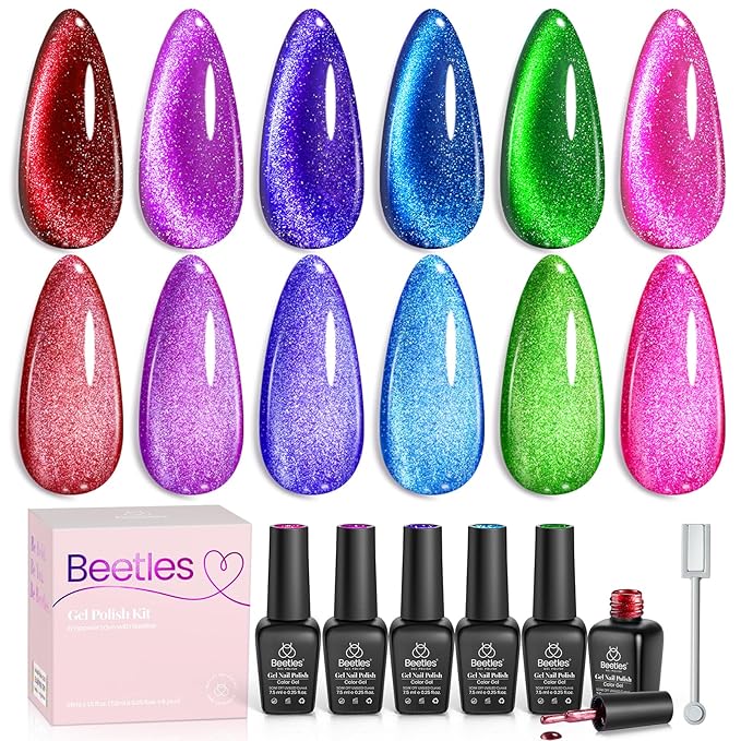 Beetles Cat Eye Gel Nail Polish, 6 Colors Cat Eye Glitter Gel Polish Set Neon Red Pink Purple Blue Green with Magnet Velvet Gel Kit Soak Off UV French Nail Art Manicure Spring Gift for Women