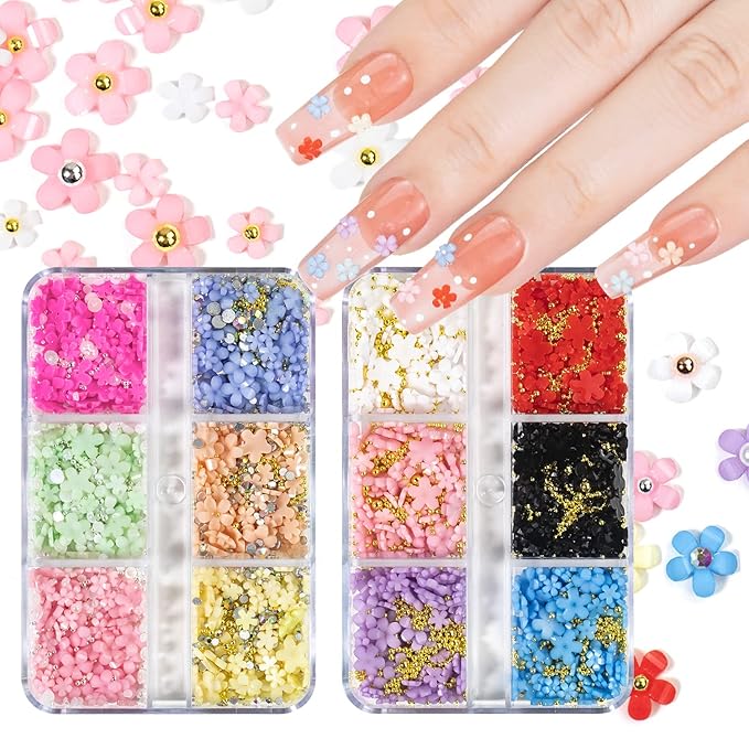 3D Flower Nail Charms for Nails Colorful Flowers Flatback Nail Rhinestones Pink White Black Blue Acrylic Flower with Round Pearls Gold Silver Beads Nail Art Supplies Manicure DIY Nail Decorations