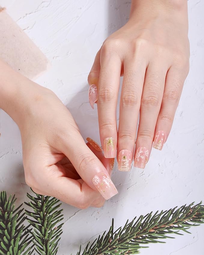 20pcs Christmas Semi Cured Gel Nail Strips - Salon-Grade DIY Wraps with Glaze Texture, Easy Application, UV Light Required for Festive Nails(Pink Gold Christmas Dreamy Nail)