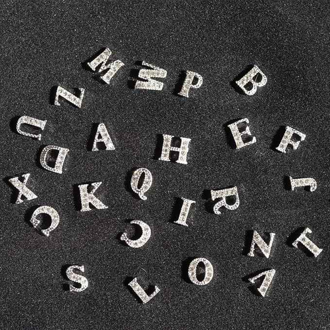 52 Pcs 3D Silver Nail Charms Letters Initial Charms for Nails Nail Letter Charms Alphabet Rhinestone Letter Nail Charms for Nail Art Design Decoration DIY Craft