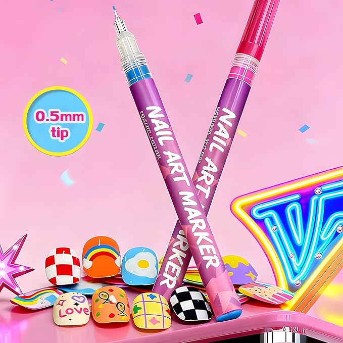 Nail Art Marker Pens, 12 Colors Fine Tip 0.5mm Nail Art Marker Pens for Detailing, Line Drawing & Dotting, DIY Nail Design Kit for Salon & Home Manicure
