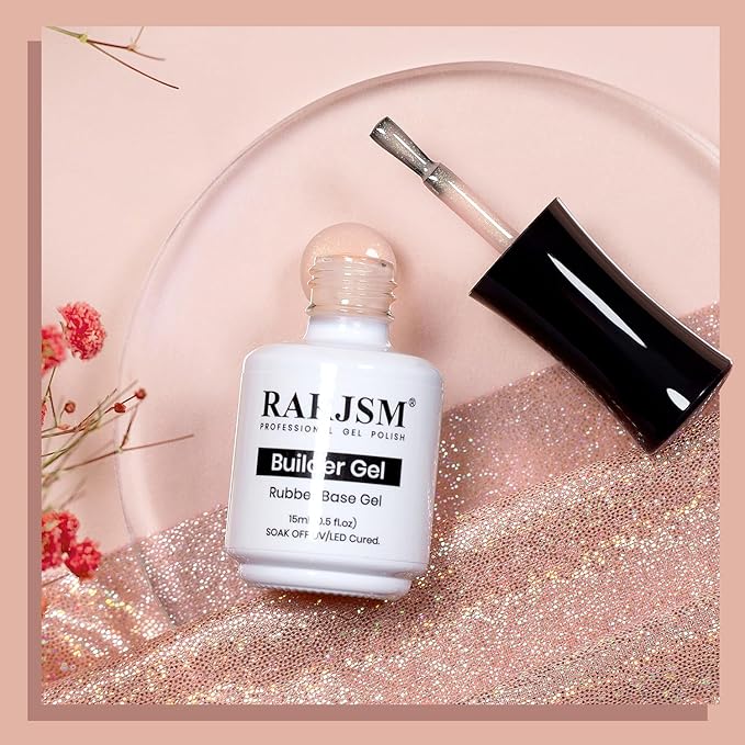 RARJSM Shimmer Rubber Base Gel Nail Polish Glitter Nude Sheer Pastel Pink Gold Rubber Base for Nails Brush on Quick Extend Builder Hard Gel Soak Off Curing Requires 15ml Salon Home French Manicure