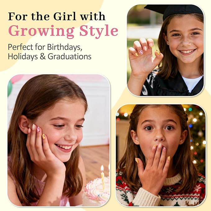 16 Sizes Press on Nails Kit for Kids - 32 Pieces French Almond Fake Nail Tips for Girls 8-12 Years Old with Jelly Nail Adhesives & No-Lamp Nail Glue, Birthday Easter Gifts (Happy Smile)