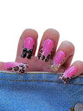 Pink Leopard Press On Nails – 10PCS Glossy Fake Nails with 3D Bow and Glitter Rhinestones, Reusable Long Coffin Nails for Women and Girls – Euphrosyne