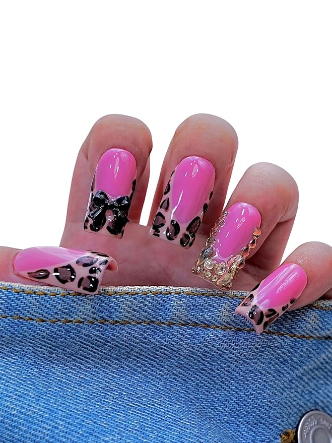 Pink Leopard Press On Nails – 10PCS Glossy Fake Nails with 3D Bow and Glitter Rhinestones, Reusable Long Coffin Nails for Women and Girls – Euphrosyne