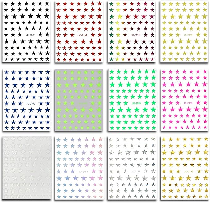 12 Colors Stars Nail Art Stickers, Laser Gold Silver Red Black White Pink Yellow Green Five-Pointed Star Nail Transfer Decals, 3D Stars Self-Adhesive Sticker Design for Women Manicure Decorations