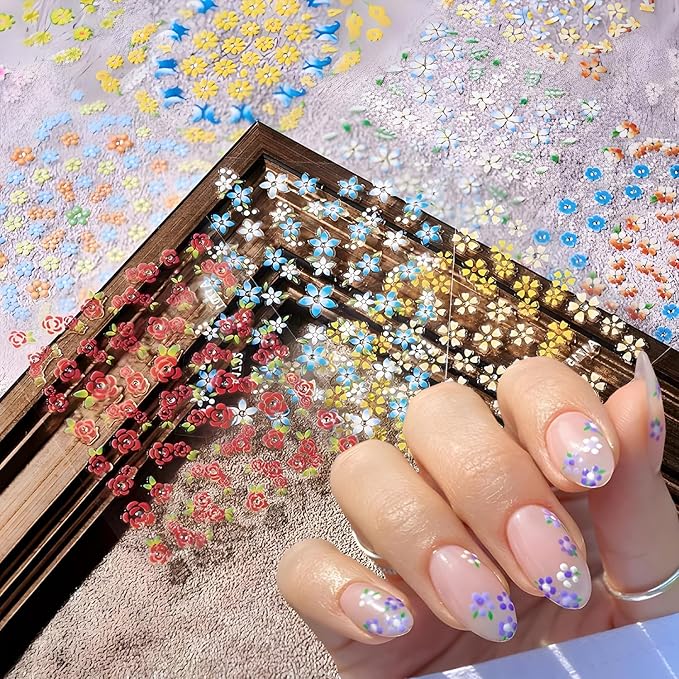 30 Sheets Flower Nail Art Stickers Decals Self-Adhesive Nail Decals Multicolor Floral Designs Nail Supplies Cute Heart Nail Decoration Spring Daisy Nails Accessories for Women