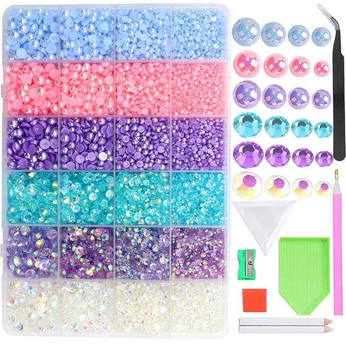 RODAKY 24000pcs Mix Color Pearls Rhinestones for Craft 3/4/5/6mm Flatback Round Jelly Rhinestone Bedazzling Non Hotfix Crystal Gems Beads for for DIY Nails Clothes Tumblers Face Makeup Manicure