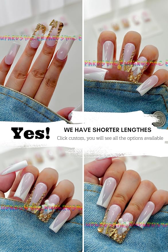 Euphrosyne Ombre Press On Nails – 10pcs Long Coffin Fake Nails in Pink and White with 3D Bow, Butterfly Charms & Rhinestones | Elegant Stick-On Nails for Wedding, Party or Daily Glam Look