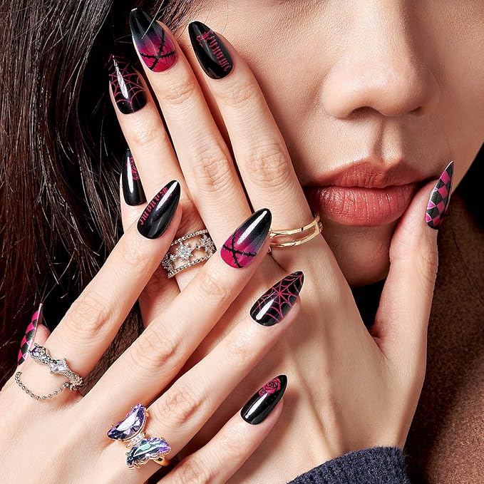 GLAMERMAID Halloween Red Press on Nails Medium Almond, Dark Glossy Jelly Soft Gel Glue on Nails Stiletto, Emo Fake Nails Short Oval, Reusable Acrylic Stick on False Nails Kit for Women