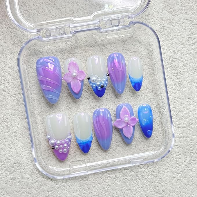 Thick Press on Nails Handmade Nails Medium Almond Nails Aurora Purple Fake Nails with 3D Flower Art Design Reusable Acrylic False Nails with Glue, Nature Stick on Nail for Wome (Size S)