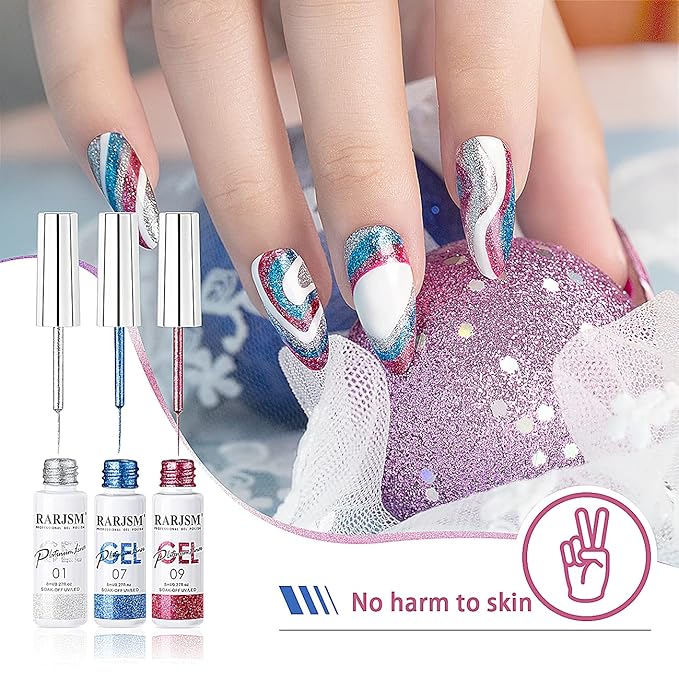 Painted Gel Nail Polish Set, Nail Art Metallic Liner Painting Polish Set U V L E D 12 Colors Platinum Liner Gel Champagne Glitter Silver Rosa Gold Green Blue Purple Paint for Nail Art Design