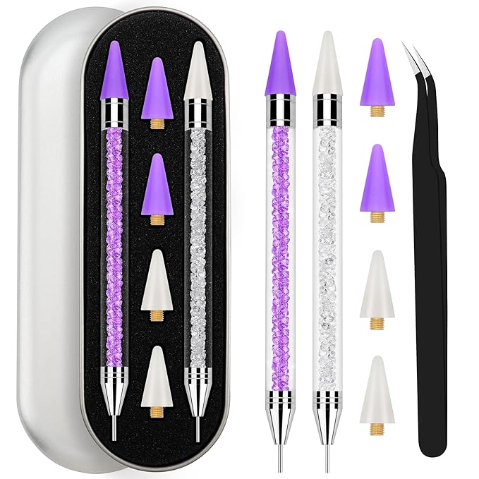 Rhinestone Picker Tool, 2 Rhinestone Tool Dual-Ended Wax Pen with 4PCS Replaceable Wax Tips and 1 Tweezers for DIY Nail Art Tool (Purple & White)