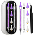 Rhinestone Picker Tool, 2 Rhinestone Tool Dual-Ended Wax Pen with 4PCS Replaceable Wax Tips and 1 Tweezers for DIY Nail Art Tool (Purple & White)