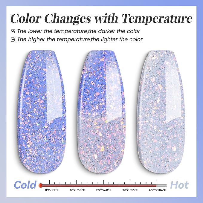 YTD Likomey Brocade Glitter Color Changing Gel Nail Polish,15ml Light Blue To Blue Shimmer Mood Temperature Change Colors Iridescent Flakes,Fall Winter Thermal Ombre UV Nail Gel,WB354