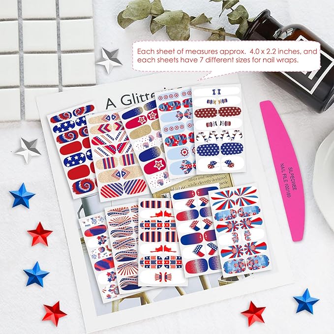 SILPECWEE 20 Sheets 4th of July Nail Wraps Independence Day Nail Polish Stickers Patriotic American Nail Polish Strips Self Adhesive Fingernail Sticker Nails for Women with Nail File