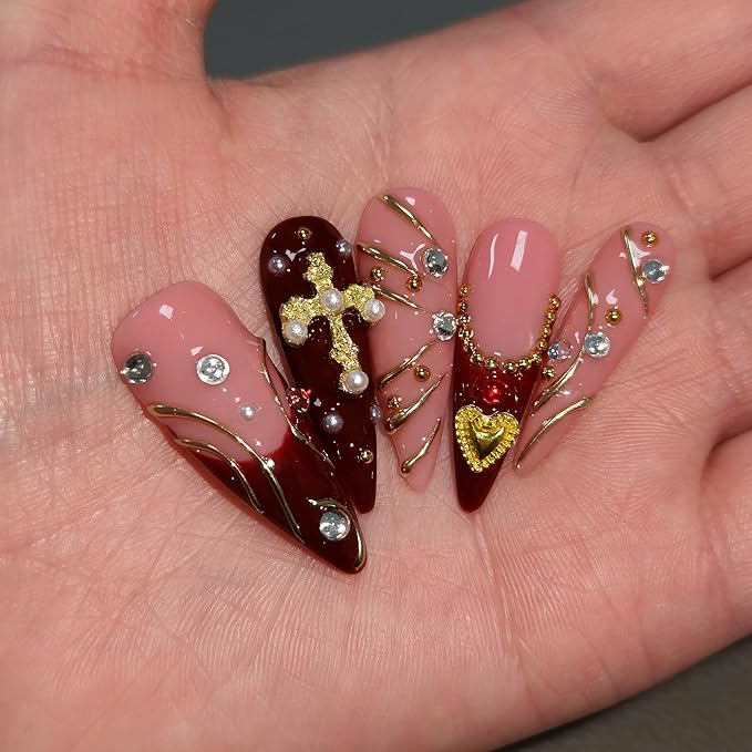Handmade Press on Nails Long Stiletto - Wine Red French with 3D Cross & Wave Charms | Reusable & Enamel Glossy False Nails | Gothic Classical Style(S)