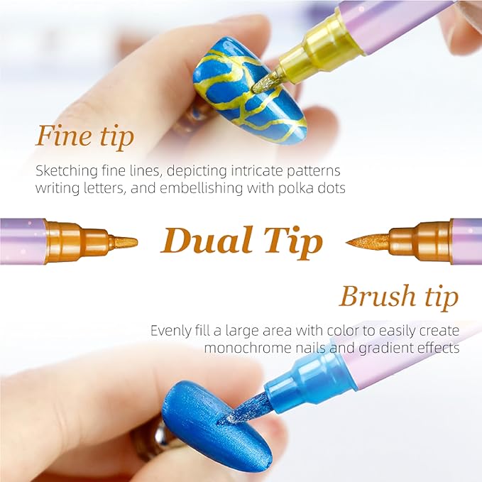 Metallic Nail Art Pens Set, 10 Colors Double-Ended Nail Design Markers with Fine & Brush Tip, Quick-Dry Water-Based Paint for DIY Manicure, Salon & Home Nail Art Decoration