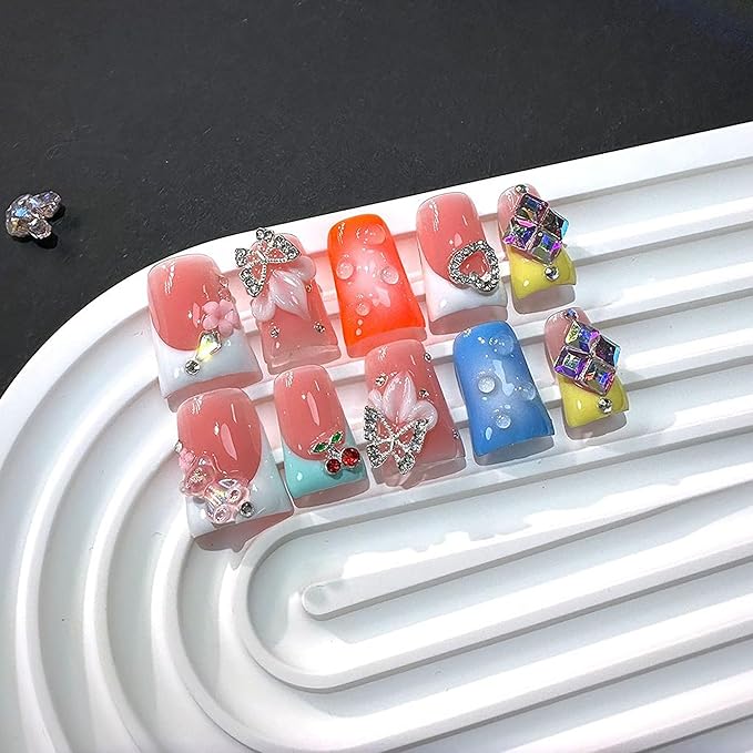 10Pcs Press on Nails Handmade Orange Medium Duck Fake Nails French Tip False Nails 3D Flower Art ＆ Rhinestone Design Muti-Layer Gel Acrylic Nail for Women (Size M)