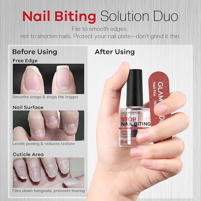 2-in-1 Stop Nail Biting Treatment Kit: Extra Bitter Polish to Deter Biting & Professional Nail File to Smooth Jagged Edges Complete Solution to Remove Biting Triggers for Kids & Adults