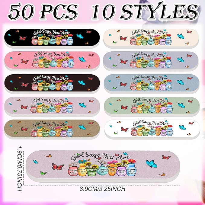 50 Pcs Christian Gifts for Women Positive Butterfly Nail File Bulk Bible Verses Religious Gifts Jesus Scripture Bible Emery Board Nail Files Religious Faith Keepsake for Mother's Day Birthday