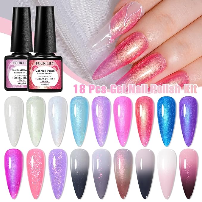 18 Colors Rubber Base Gel Set, Pearlescent Rubber Base Gel Polish for Nails Color Changing Builder Base Nail Gel Brocade 2-in-1 Soak Off Base Gel Nail Strengthener Gifts for Women