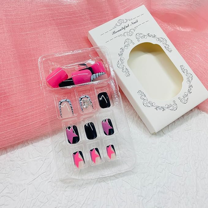 Square Press on Nails Short Fake Nails with Designs Stars Rhinestone Stick on Nail Pink Stars Acrylic False Nail Glossy Artificial Nail Full Cover Glue on Nails for Women