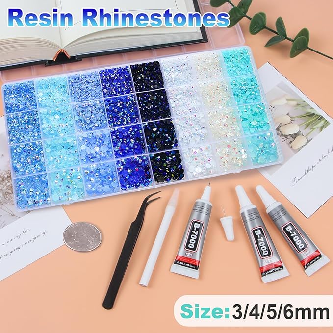 25000Pcs 32 Types Blue Jelly Resin Rhinestones for Bedazzling, Multicolor Flatback Gems for Crafting, Bedazzler Kit with 3Pcs B7000 Jewelry Glue for Clothes Shoes Nail Book Diamond Art