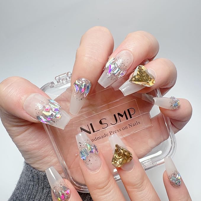Acrylic Handmade Press On Nails long,3D White Gel Coquette Thick Strong Glue On Nails,Rhinestone Heart Designs Coffin Fake Nails Kit Reusable,10 Nails Size S,#457