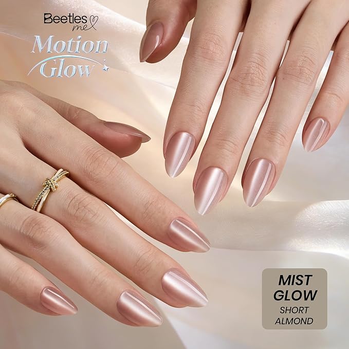 Beetles Motion Glow Nail Tips, Cat Eye Short Almond Nail Tips Set, Full Cover Fake Nail Tips Soft Nail Gel Extensions for Nail Art, 160PCS 16 Sizes, Salon Quality Look DIY Manicure Mist Glow