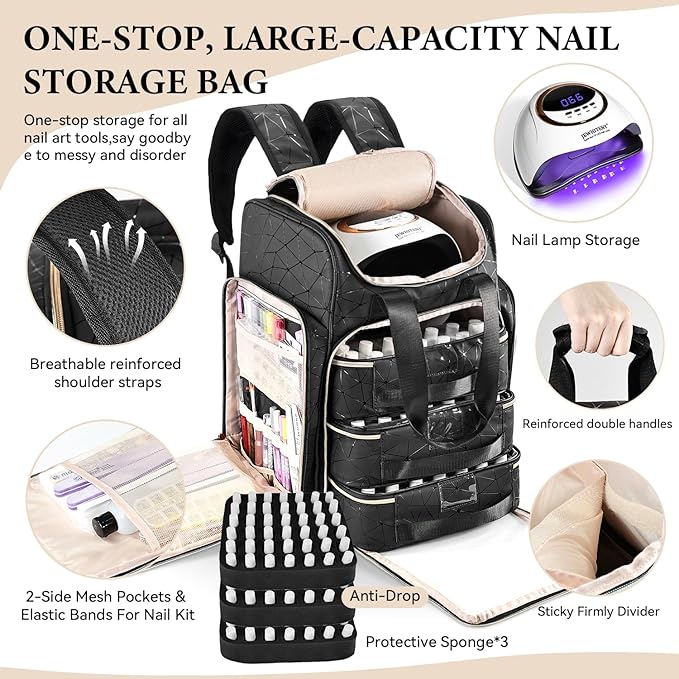 JEWHITENY Extra Large PU Nail Polish Organizer: Holds 126 Bottles (15ml), Nail Kit Store Bag with 3 Removable Case,Shoulder straps, Handle, Luggage Straps,Portable Nail Storage Travel Bag for Nail Pro