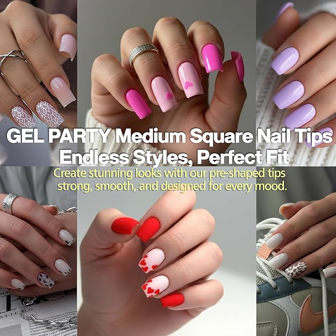 GELPARTY Soft Gel Nail Tips Medium Square - 240Pcs Pre-Buffed Matte Full Cover Tips - No Filing Needed, Soak Off Gel Extension System - Clear False Nails (12 Sizes)
