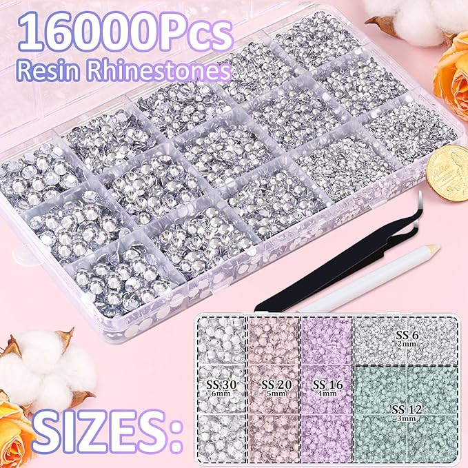 16000Pcs Resin Rhinestones with Tweezers for Crafting, Silver Clear 2-6mm Mixed Sizes Flatback Gems, Bedazzling Crystal for DIY Crafts Clothing Tumblers Mugs Shoes Fabric Nail Art