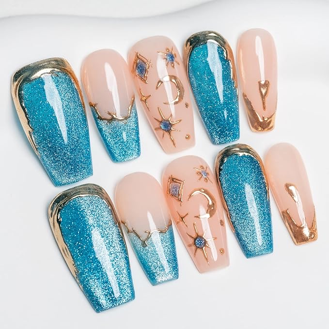 Sun&Beam Nails Handmade Press-On Medium Long Coffin Ballerina with Pink Blue Gold Color 3D Design Charm Cat Eye Cute False Nail Tips 10 Pcs (#82 S) (FN-HM-082-S.AU)