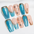 Sun&Beam Nails Handmade Press-On Medium Long Coffin Ballerina with Pink Blue Gold Color 3D Design Charm Cat Eye Cute False Nail Tips 10 Pcs (#82 XS)