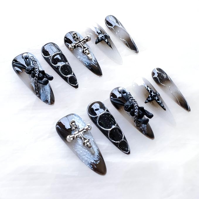 Gothic Press-On Nails, Long Stiletto Shape, Black with 3D Bunny and Cross Design, Handmade False Nail 10 Pieces (Medium, LS)