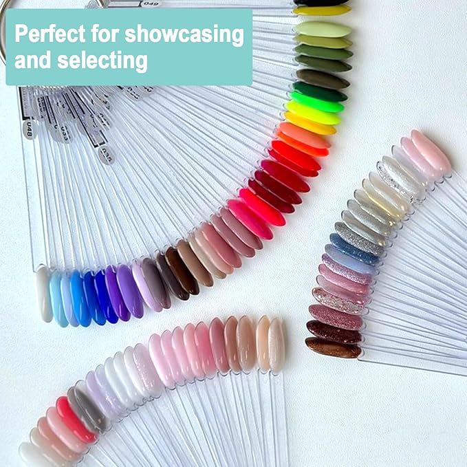 SIUSIO 50 Pcs Oval Nail Swatch Sticks with Metal Split Ring and Numbered Tips - Clear Fan-shaped Color Display for Nail Art Polish Practice