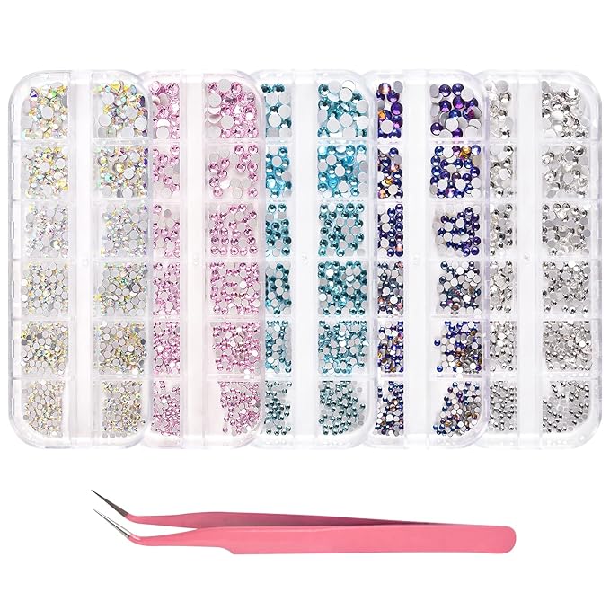 KADS Nail Crystals AB Nail Art Rhinestones 5 Colors Round Beads Flatback Glass Charms Gems Stones 6 Sizes for Nails Decoration Makeup Clothes Shoes (5 Colors+ Tweezer)