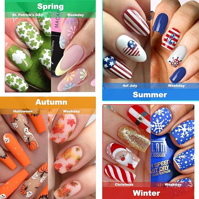 12 Months All Holiday Nail Stickers, 24 Sheets Seasonal Variety Pack 2 Pcs Per Month DIY Nail Art, Self-Adhesive Pegatinas Uñas for a Year of Halloween Christmas Thanksgiving&Valentine’s Day