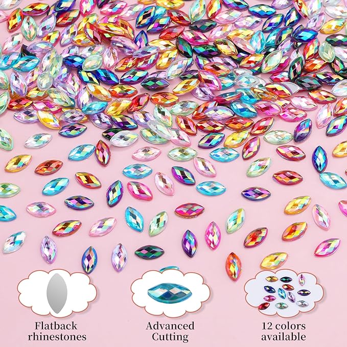 960pcs 3x6mm Horse Eye Nail Rhinestones, 12 Colors Sparkling Shiny Crystal AB 3D Flatback Gems Shiny Nail Diamonds with Tweezers and Dual-end Brush for Crafts DIY, Face Makeup Gems Jewels (10-K1)
