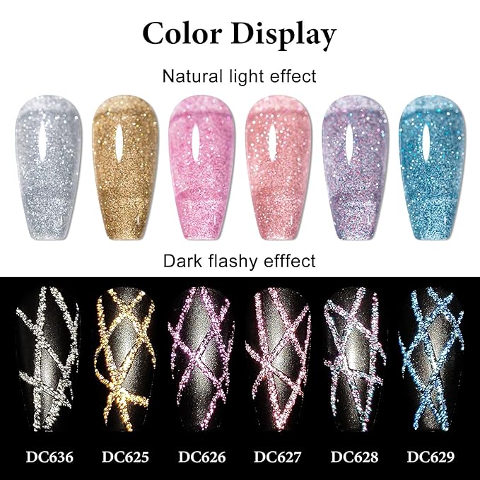 MTSSII Reflective Glitter Liner Nail Gel, Paint Gel With Thin Art Brush In Bottle, Sparkly Liner Nail Art Polish, Painting Polish for Swirl Nails Cyber Punk French Acrylic Nail