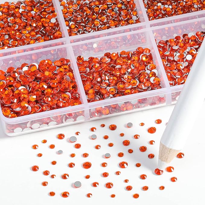 Beadsland 7200pcs Flatback Rhinestones,Orange Rhinestone Nail Gems Round Crystal Rhinestones for Crafts,Mixed 6 Sizes with Wax Pencil Kit, SS3-SS10,Hyacinth/Orange