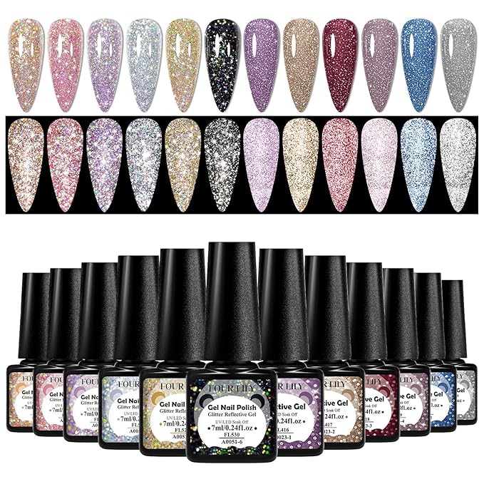 Reflective Glitter Gel Polish 12 Pcs, Flash Dimond Black Gold Silver Nail Polish Sparkly Shiny Nail Art UV LED Curing Need Nail Gel for Manicure DIY and Salon 7ML