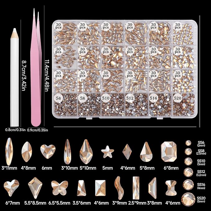 Champagne Gold Nail Art Rhinestones Kit Multi Shapes Crystal Flatback Nail Gems Half Round Rhinestones for Nails, Gold Gems Crystals Glass Rhinestone for Nails Art DIY Supplies Craft