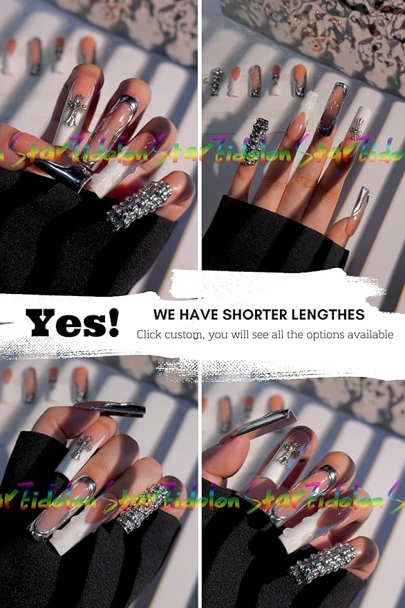 HAND-PAINTED White Press Ons Neon Small Press on Nails Long French Press on Nails Coffin Medium Short Nail art Fake Nail Art Kit with 7g Glue on Nails Handmade Almond Square Nails (TJ-11, Large)