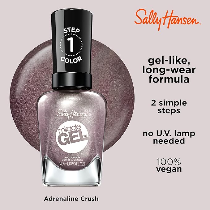 Sally Hansen Miracle Gel Salon Quality Nail Polish | Gel-Like Formula, Two-Step System, No UV Light Needed, Long Lasting | Opaque, Shimmery | 204 Adrenaline Crush | Metallic Plum Brown Nail Polish