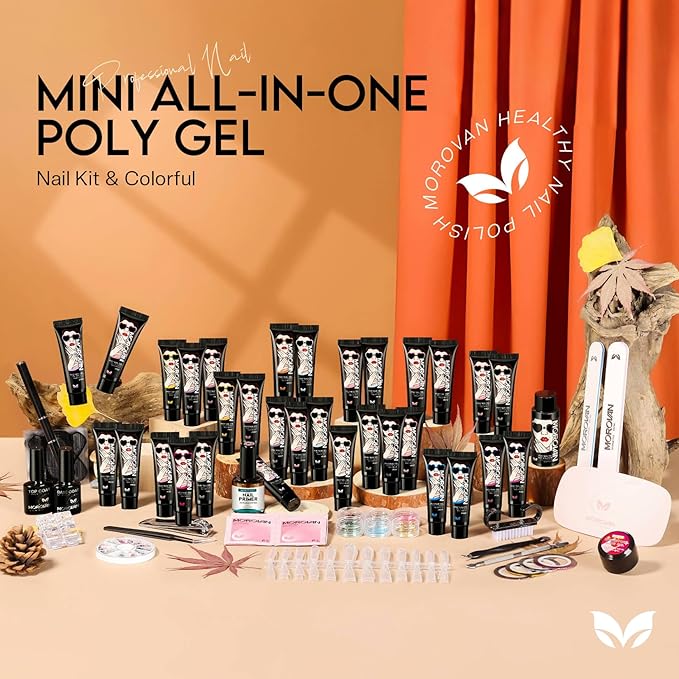 Morovan Poly Nail Gel Kit: 32 Colors Classics Tones Complete Extension Gel Nail Kit with UV Lamp Slip Solution Builder Manicure Tools for Starter DIY Salon Use 2025 Fall